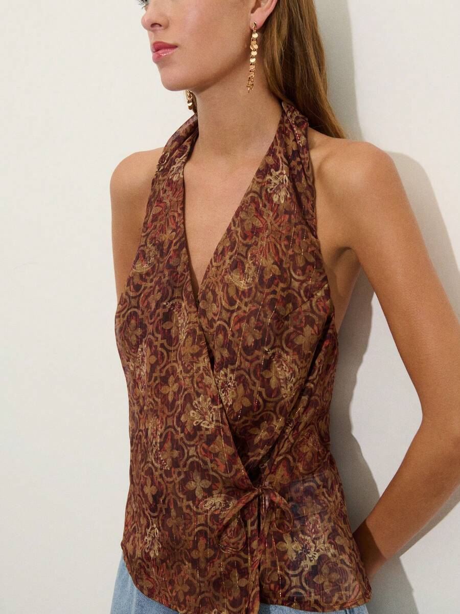 Nöista Top cruzado de cuello halter con estampado en colores marrón y naranja tostado, cierre lateral. Verano Primavera - Marrón - Ver 1