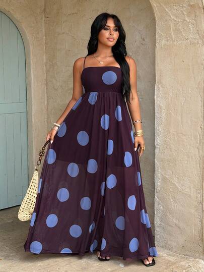 Rustia Elegantes Damen Maxikleid in Große Größen mit Polka Dot Muster, Träger und Mesh-Einsätzen, ideal für Strand und Resort