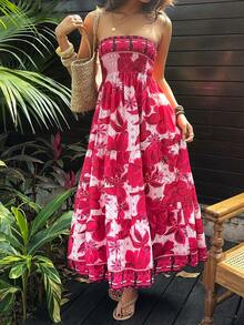 Sunnyshic European And American Fashion Casual Holiday Series Exquisite Elegant Printed Casual Long Waist-Cinched Strapless Slim Summer Dress For Women - Burgundy - View 7