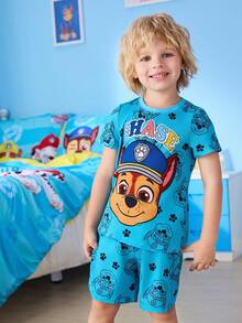 SHEIN | PAW Patrol Bộ đồ ngủ mùa hè tay ngắn cổ tròn in hình hoạt hình dễ thương, kiểu dáng thường ngày, dành cho bé trai. - Màu xanh Cadet - Xem 5