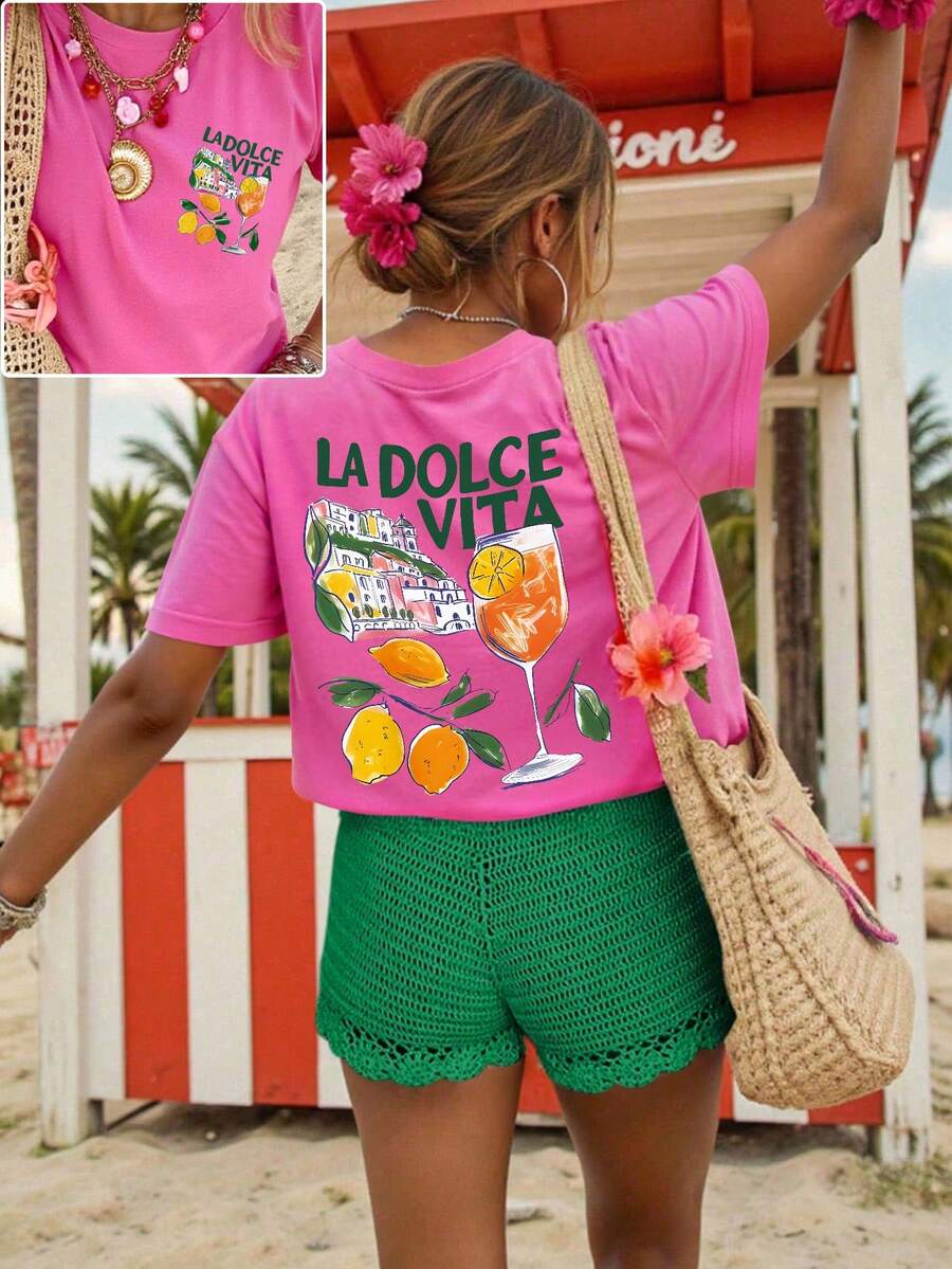 DrmWander Women's T-Shirt, Casual Street Style Graphic Short Sleeve T-Shirt, Cute Summer Top - Hot Pink - View 1