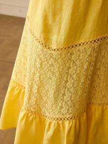 ZEYLAH 100% Linen Lace Patchwork Vacation Style Woven Belt Off Shoulder Long Dress, Spring/Summer - Yellow - View 2
