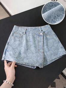 GlowEve Quần short denim nữ kiểu dáng thường ngày, có túi và cúc. - Màu xanh lam - Xem 1