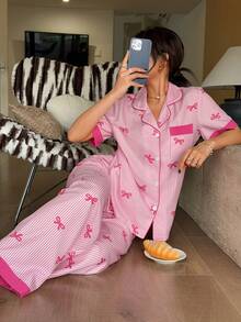 Napfluff Contrast Color Bow Striped Print Lapel Red Button Short Sleeve Top And Pants PJS,Pink Striped Pink Bow Print PJS,Suitable For Home Wear - Pink - View 4