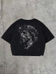 AXEPEAK Camiseta de manga corta con cuello redondo, casual y versátil, con incrustaciones de diamante de imitación para uso diario para hombres - Negro - Ver 6