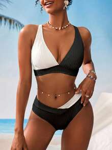 Swim Vcay Women's V-Neck Textured Striped Tankini Swimwear Set - Black and White - View 3