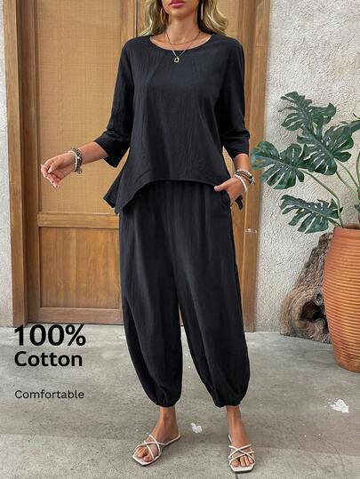 EMERY ROSE Women's Solid Color Round Neck 3/4 Sleeve High-Low Hem Shirt And Pants Casual 2 Pieces Set Office Casual Black Summer Two Piece Set For Women Two Piece Outfits For Women Two Piece For Ladies Summer Outfits For Women Going Out Outfits Vacation Outfits Women Summer Holiday Outfits Casual Sets For Women Office Outfits For Women Cotton Women's Clothing Two Piece Casual Sets Woman Cotton Two Piece Set Women 2 Piece Set Women Black Two Piece Set Women