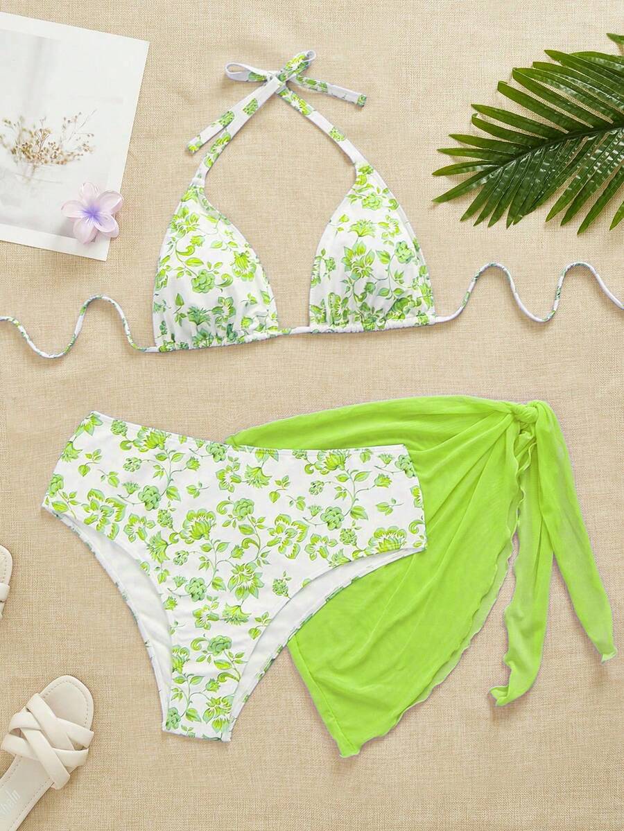 Swim Mod Plus Size Women 3pcs/Set Random Print Spaghetti Strap Bikini Swimwear - Green - View 1