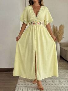 SHEIN Clasi 大码女式撞色蕾丝花卉图案优雅连衣裙 - 黃色 - 查看 5