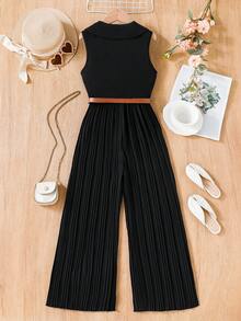 SHEIN Girls' Black Solid Pleated Leg Jumpsuit With Beige Belt, Lapel And Button Front Design, Suitable For Casual Daily And Commute Wear - Black - View 2