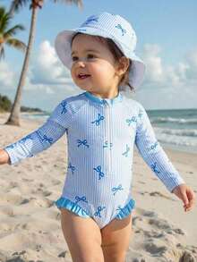 SHEIN 女婴可爱蝴蝶结条纹印花长袖防晒泳衣，前拉链设计，带荷叶边泳帽 - 藍色 - 查看 2