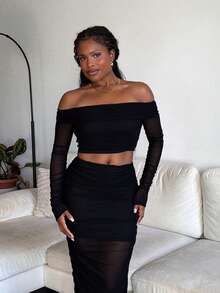 Tyla Gomez 一字肩短款上衣和褶邊鉛筆裙 - 黑色 - 查看 4