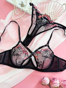 SHEIN Bộ đồ lót lưới Pháp gợi cảm 2 món/bộ, áo ngực hở lưng chéo kiểu Pháp - màu đen - Xem 3