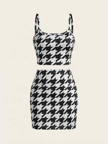 Slaydiva Houndstooth Print Cropped Camisole And Mini Skirt Set - Black - View 5