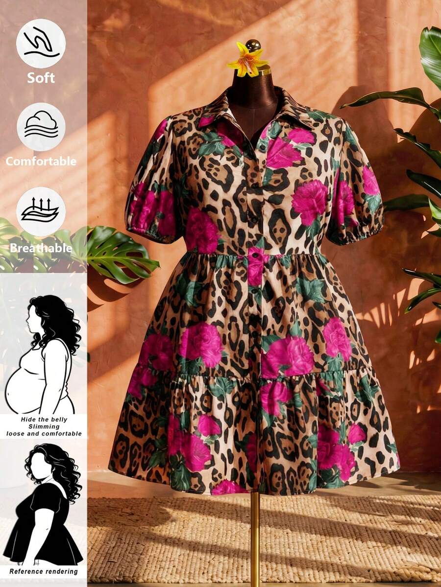 SHEIN CURVE+ Curve 尺码 US22 音乐节、海滨度假、波西米亚风女式花卉豹纹印花短款泡泡袖单排扣时尚衬衫裙 - 彩色 - 查看 1