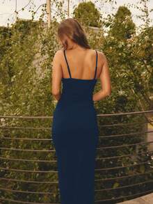 Aralina Women's Solid Color Hollow Out Sexy Spaghetti Strap Dress - Navy Blue - View 2
