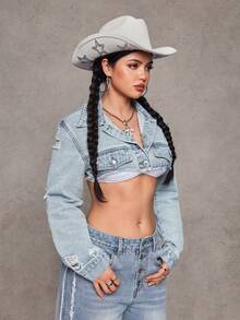 Jeanoix Women's Casual Washed Denim Super Short Jacket - Light Wash - View 5