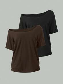 EMERY ROSE 2pcs/Set Oblique Shoulder Loose T-Shirt,Asymmetric Shoulder Off-Shoulder T-Shirt, Plus Size Women's Top - Multicolor - View 1