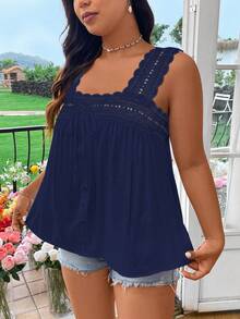 Flirla Plus Size Summer Casual Solid Color Contrast Lace Sleeveless Shirt - Navy Blue - View 3