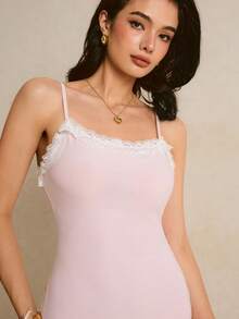 Poéselle French Elegant Pink Lace Trim Camisole Dress,Light Pink Asymmetrical Hem Lace Trim Midi Dress, Spaghetti Strap Sleeveless Elegant Summer Wedding Guest Brunch Party Outfit For Women,French-Style Dress,2026 New Arrival, - Pink - View 3