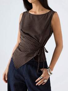 LYSMO Áo tank top không tay cổ tròn kiểu dáng tối giản mới năm 2026 với họa tiết tối giản, màu nâu, áo buộc dây phía trước màu nâu, áo bất đối xứng, áo kẻ sọc mỏng, áo kiểu thời trang nữ/áo kiểu nữ thường ngày - màu nâu - Xem 5