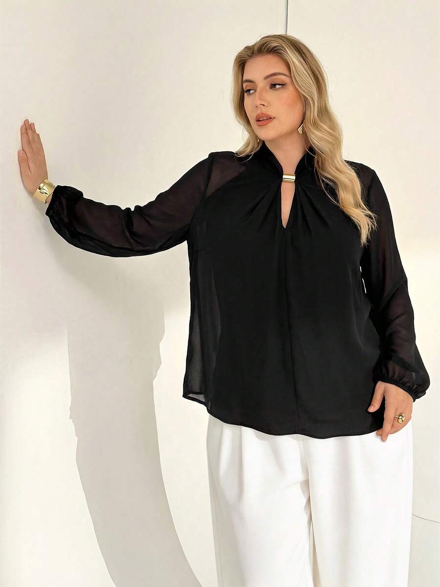 Auralis Plus Size Women Elegant Solid Color Blouse For Commuting Summer Outfit For Women  Black - Black - View 1