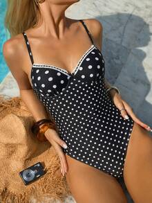 Swim Mod Sleeveless Short Black And White Geometric Polka Dot One-Piece Swimsuit For Women With Cute Contrast Lace - Black and White - View 1