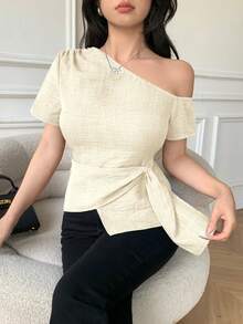 Celisse Blusa casual de ajuste ceñido con diseño de cuello con nudo en los hombros elegante para mujeres - Albaricoque - Ver 3