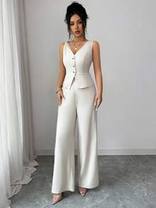 Women's Spring/Summer/Autumn Business Casual Commuting Minimalist Solid Color Asymmetric Sleeveless Vest And Wide Leg Pants 2-Piece Set - Apricot - View 5