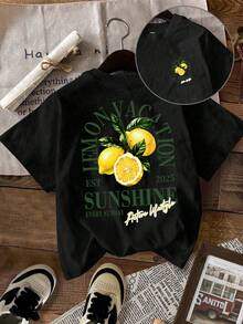 Attitoon Camiseta casual y holgada de mujer de cuello redondo y manga corta, con estampado de limón, adecuada para el verano - Negro - Ver 1