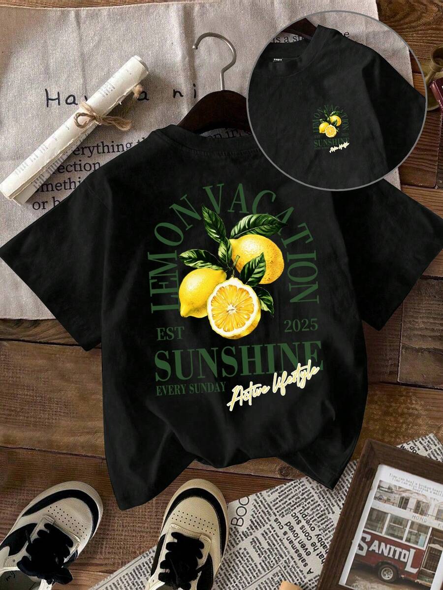 Attitoon Camiseta casual y holgada de mujer de cuello redondo y manga corta, con estampado de limón, adecuada para el verano - Negro - Ver 1