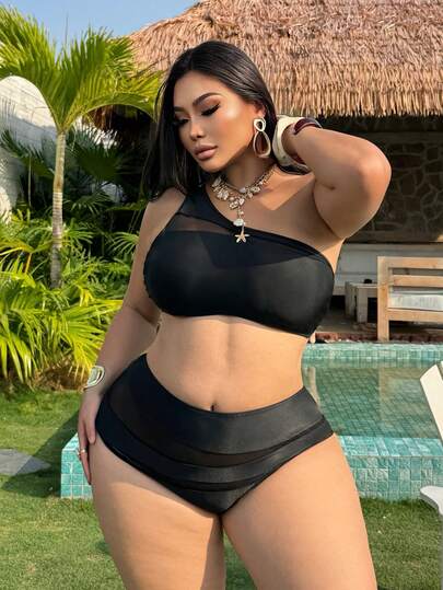 Swim SXY New Sexy Asymmetric Design Sheer Split Plus Size Swimsuit Set, Perfect For Summer Beach Vacation