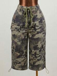 Slaydiva 女士迷彩印花系带抽绳下摆休闲牛仔裤 - 軍綠色 - 查看 1