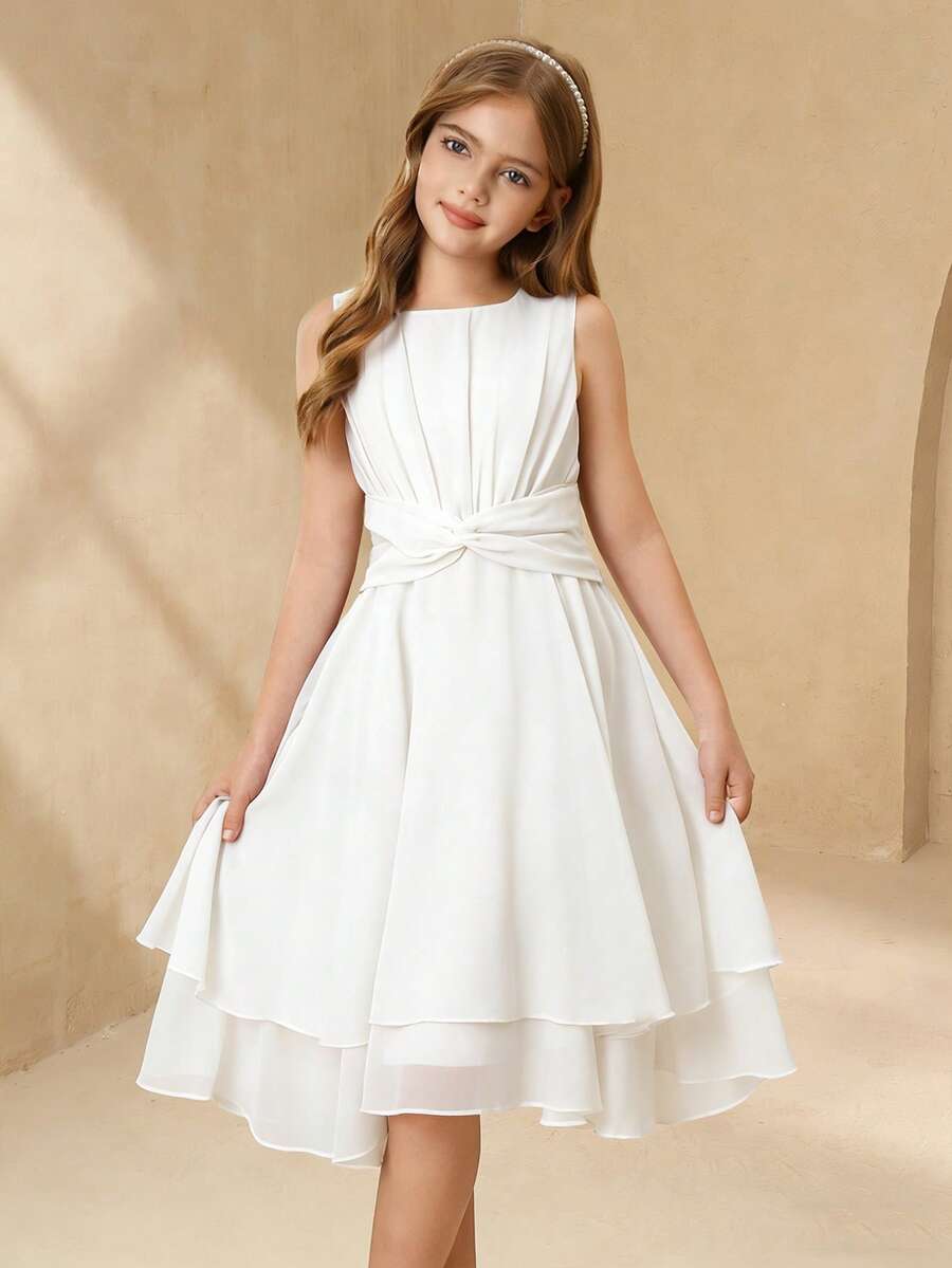 SHEIN Đầm midi không tay màu tím nhạt thanh lịch, xinh xắn dành cho bé gái, thích hợp cho tiệc tùng, lễ hội, các dịp trang trọng, bé gái cầm hoa, sinh nhật, biểu diễn. - trắng - Xem 1