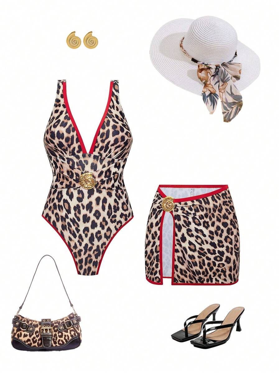 Swim Oasis 2026新款豹纹随机图案红色滚边可调节肩带连体泳衣，配同款短裙，适合夏季海滩度假 - 彩色 - 查看 1