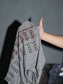 ROMWE Avant Minimalist Basic Funny Slogan Print Crew Neck Fitted Waist Short Sleeve T-Shirt - Grey - View 11