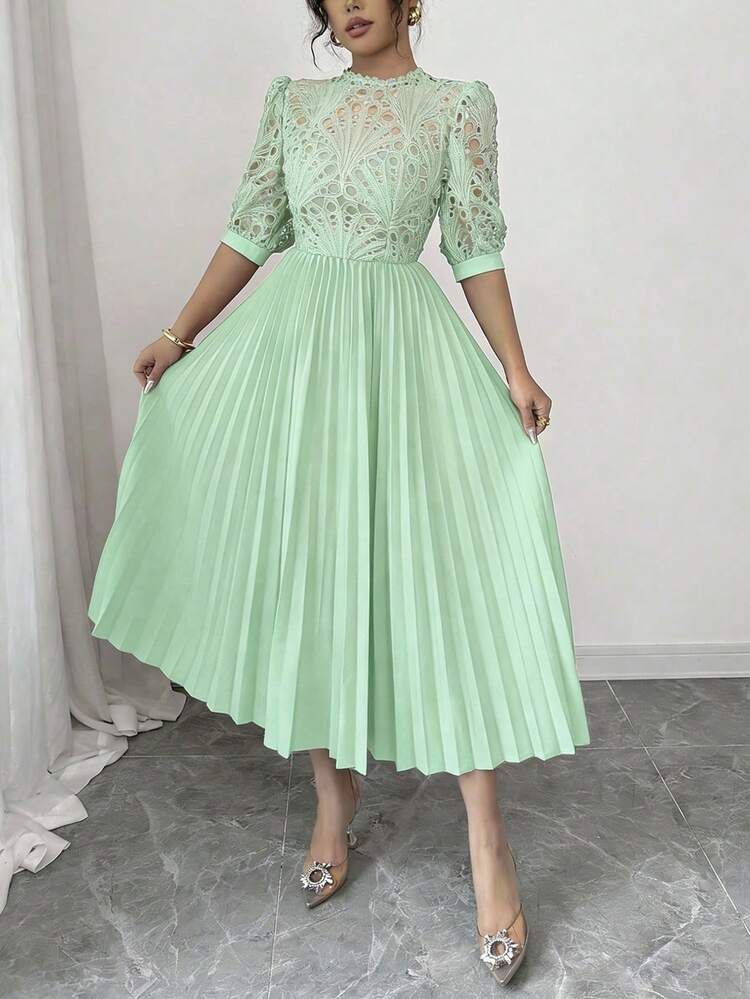 Rafferiza Women's Solid Color Pleated Elegant Waist Midi Dress For Party - Aqua Green - View 4