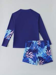 SHEIN Tween Boys Swimwear,Navy Blue Summer Funny Beach Vacation Gift Holiday Rash Guard,2-Piece Set Long Sleeve SURF Letter Tropical Leaf Print - Navy Blue - View 2