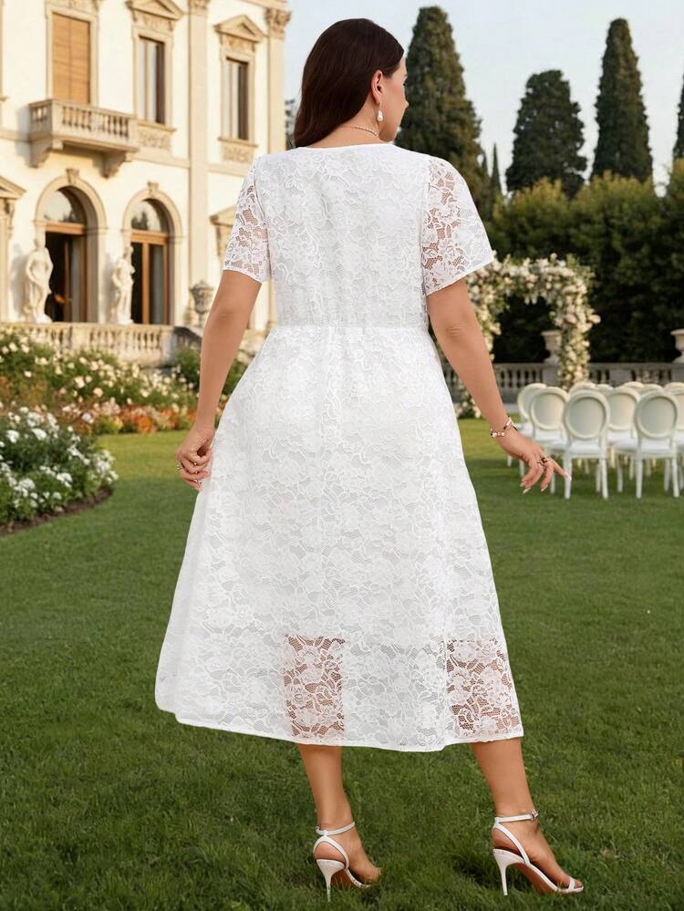 Plus Size Women Floral Lace V-Neck Short Sleeve Elegant Dress