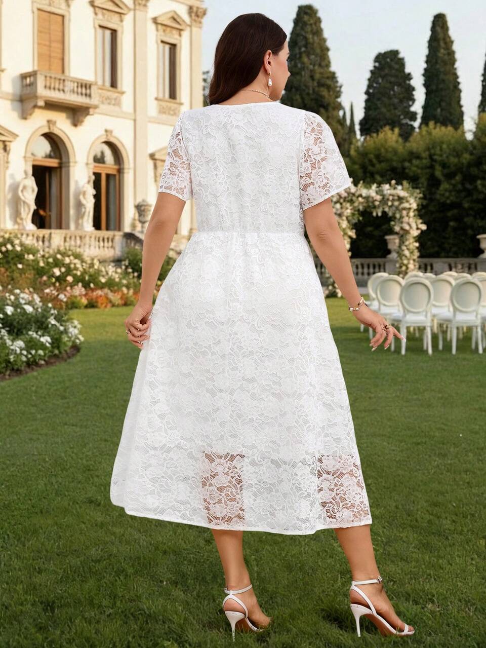 Plus Size Women's White Floral Lace V-Neck Short Sleeve Elegant Dress, Summer Bridal Wedding Bride Guest Midi Dresses, Casual Beach Vacation Outfits