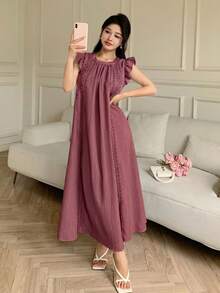 Vestido de verano casual, de uso diario y para vacaciones, con mangas cortas, encaje, calado y corte holgado - Morado - Ver 5