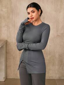 Graceveil Women's Elegant Gray Autumn Long Sleeve T-Shirt,Ruched Pleated Split Hem Ribbed Top,Casual Solid Thermal Clothes For Brunch,Winter Longline Jersey - Grey - View 1