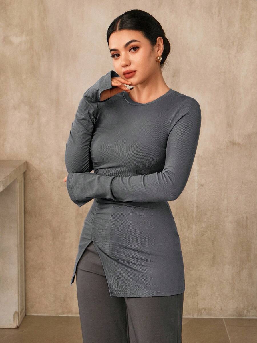 Graceveil Women's Elegant Gray Autumn Long Sleeve T-Shirt,Ruched Pleated Split Hem Ribbed Top,Casual Solid Thermal Clothes For Brunch,Winter Longline Jersey - Grey - View 1