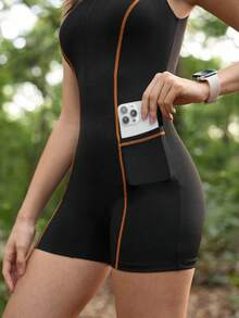 SHEIN In My Nature 女士户外缝制拉链连体裤 - 黑色 - 查看 2