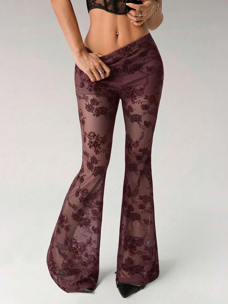 SHEIN ICON Sexy Floral Flocked Sheer Mesh Flare Pants - Burgundy - View 1