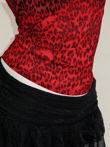 SHEIN ICON 女士红色豹纹透视吊带背心，黑色蕾丝细肩带露脐上衣叠穿造型 - 紅色 - 查看 10