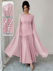 Modelyn Elegant Oval Collar Beaded Long Sleeve Coffee Color Dress For Women, Winter - Pink - View 6