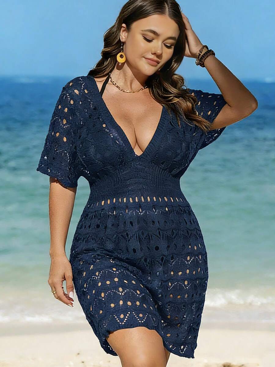 Swim Lushoire Bộ bikini liền thân thanh lịch dành cho nữ cỡ lớn, chất liệu dệt kim màu đen tuyền, phối ren phía trước và sau, cổ chữ V sâu. - Màu xanh hải quân - Xem 1