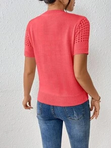 EMERY ROSE 女士圆领纯色短袖针织上衣，适合夏季和新年穿着 - 西瓜粉 - 查看 2