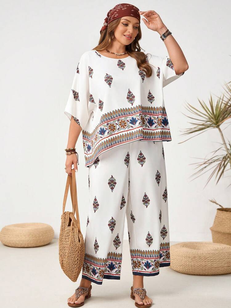 Plus Size Women Floral Print Batwing Sleeve Shirt And Wide Leg Pants Casual Suit
